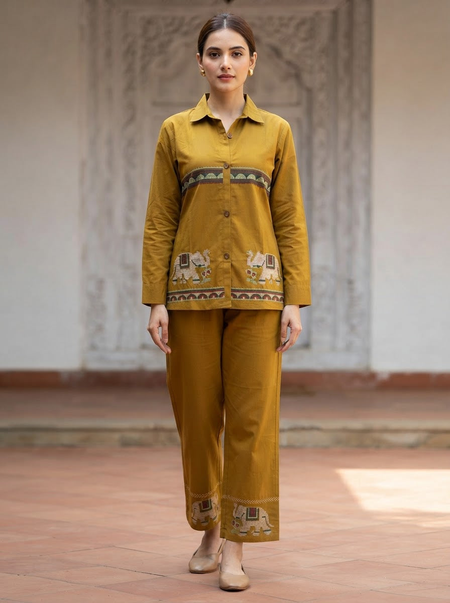 Mustard Kashmiri Embroidered Shirt Collar Co-Ord Set for Women