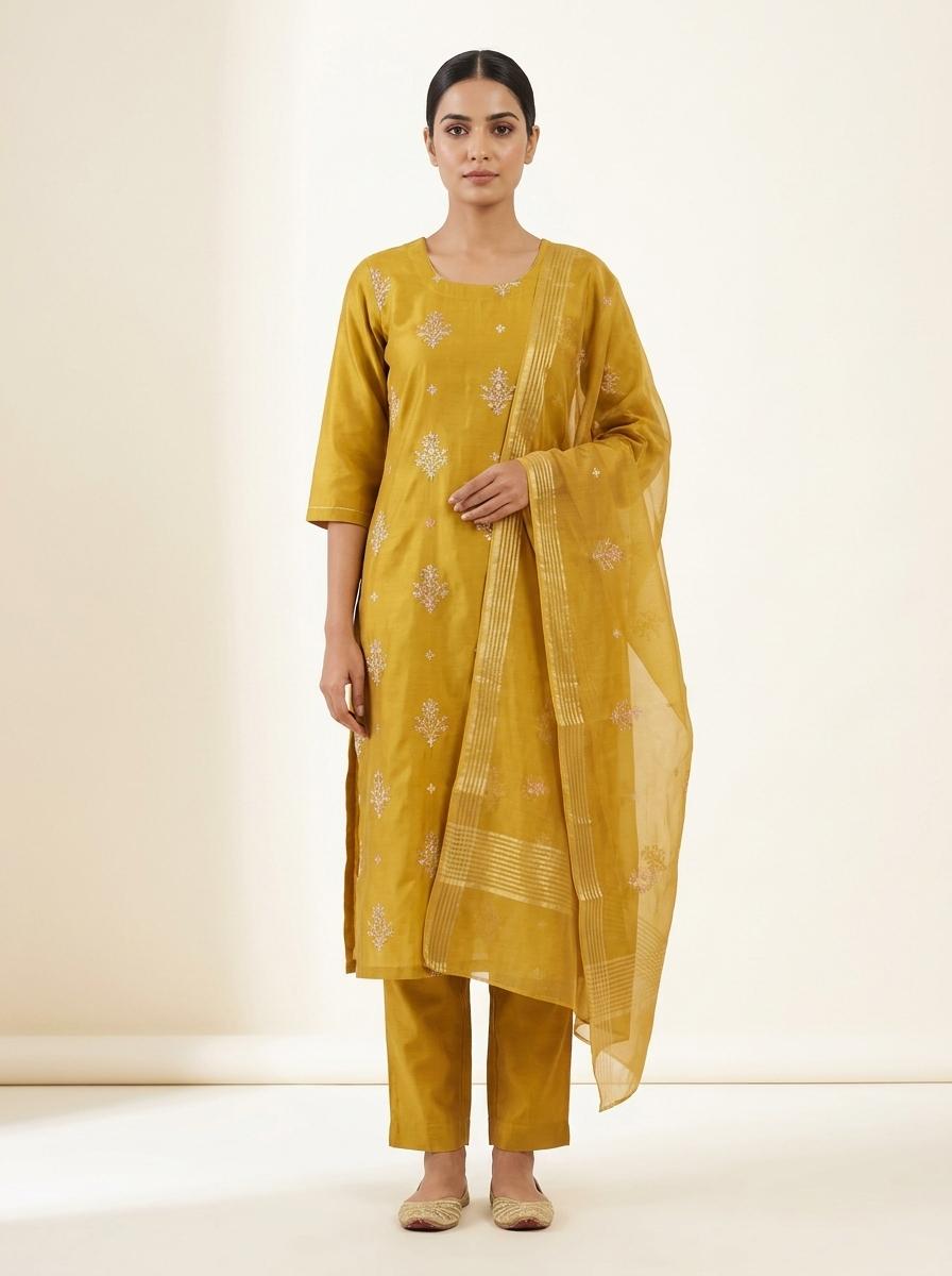 Mustard Yellow Embroidered Kurta Pant Set with Dupatta for Women