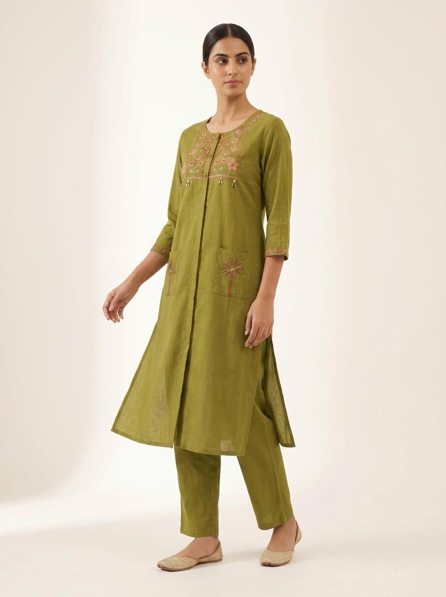 Women's Embroidered Straight Cotton Kurta & Pant Set with Front Open Style