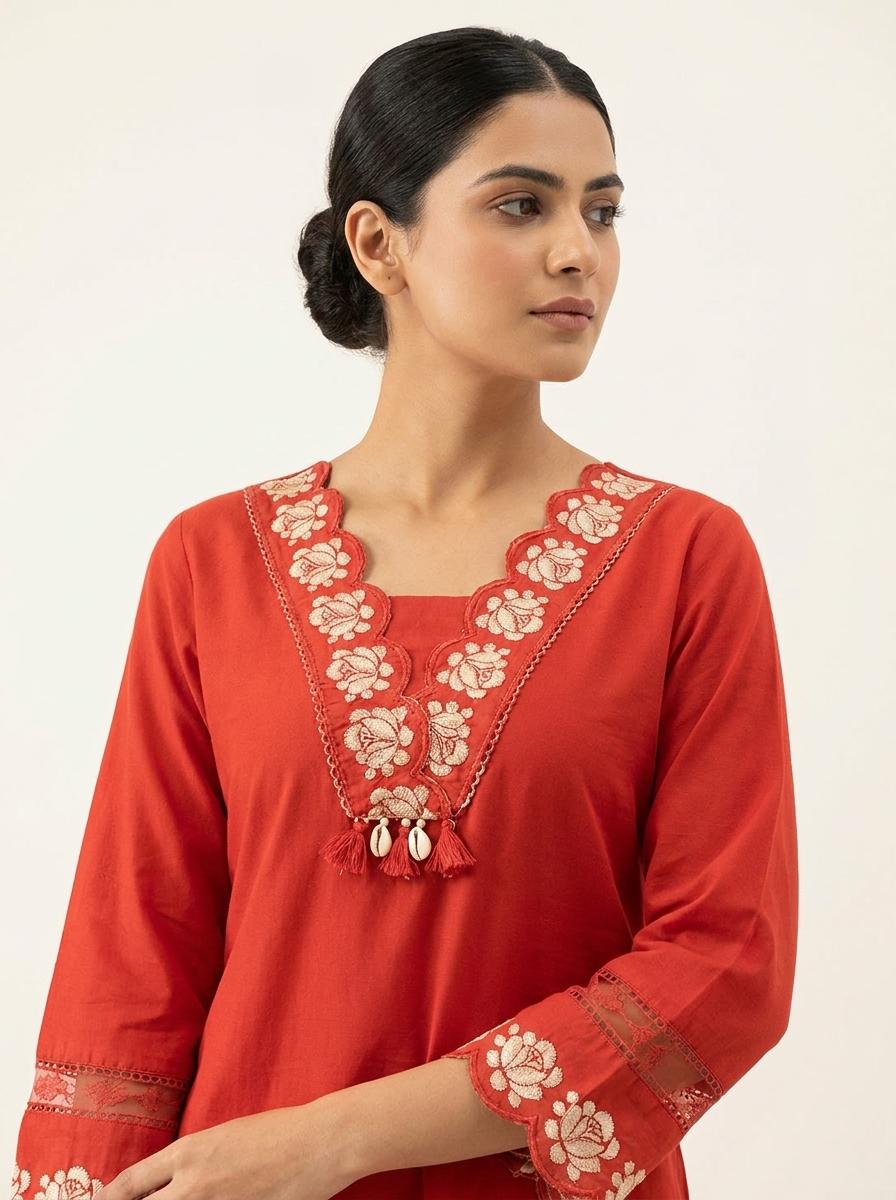 Rust Red Chanderi Silk Embroidered Kurta Set with Dupatta