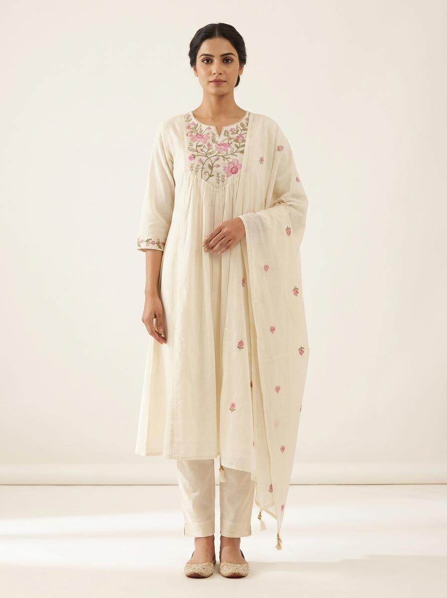 Ivory Floral Embroidered Mul Cotton Kurta Palazzo Set with Dupatta for Women