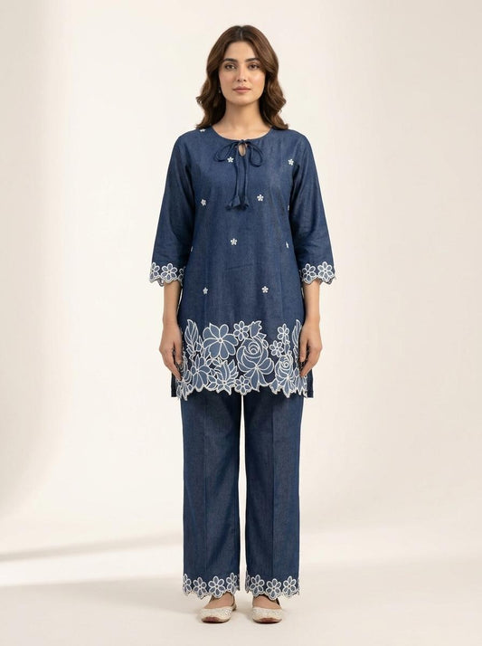 Blue Denim Short Coord Set with embroidery