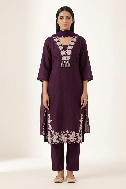 Maroon 3 Piece set with Embroidered v-neck Collar