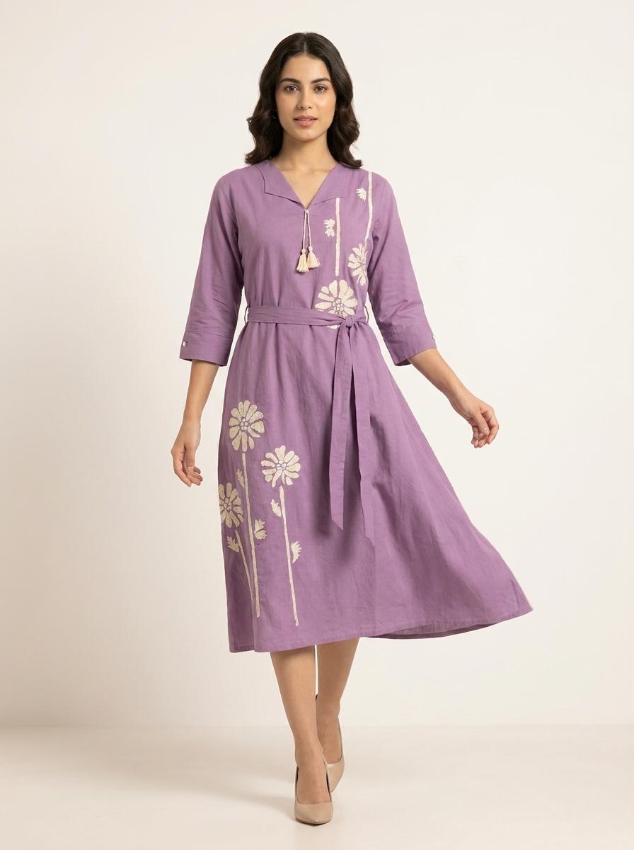 Lavender Floral Embroidered A-Line Midi Dress with Tie-Up Belt