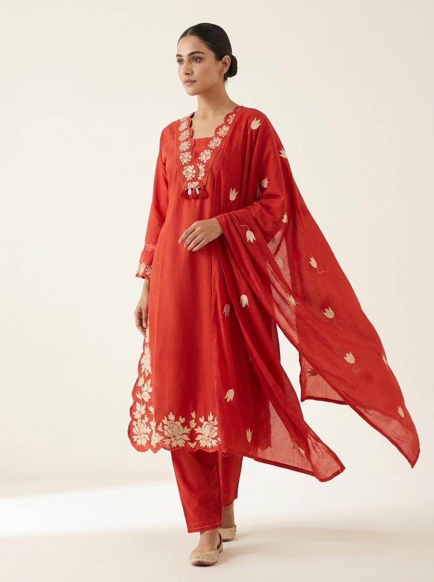 Rust Red Chanderi Silk Embroidered Kurta Set with Dupatta