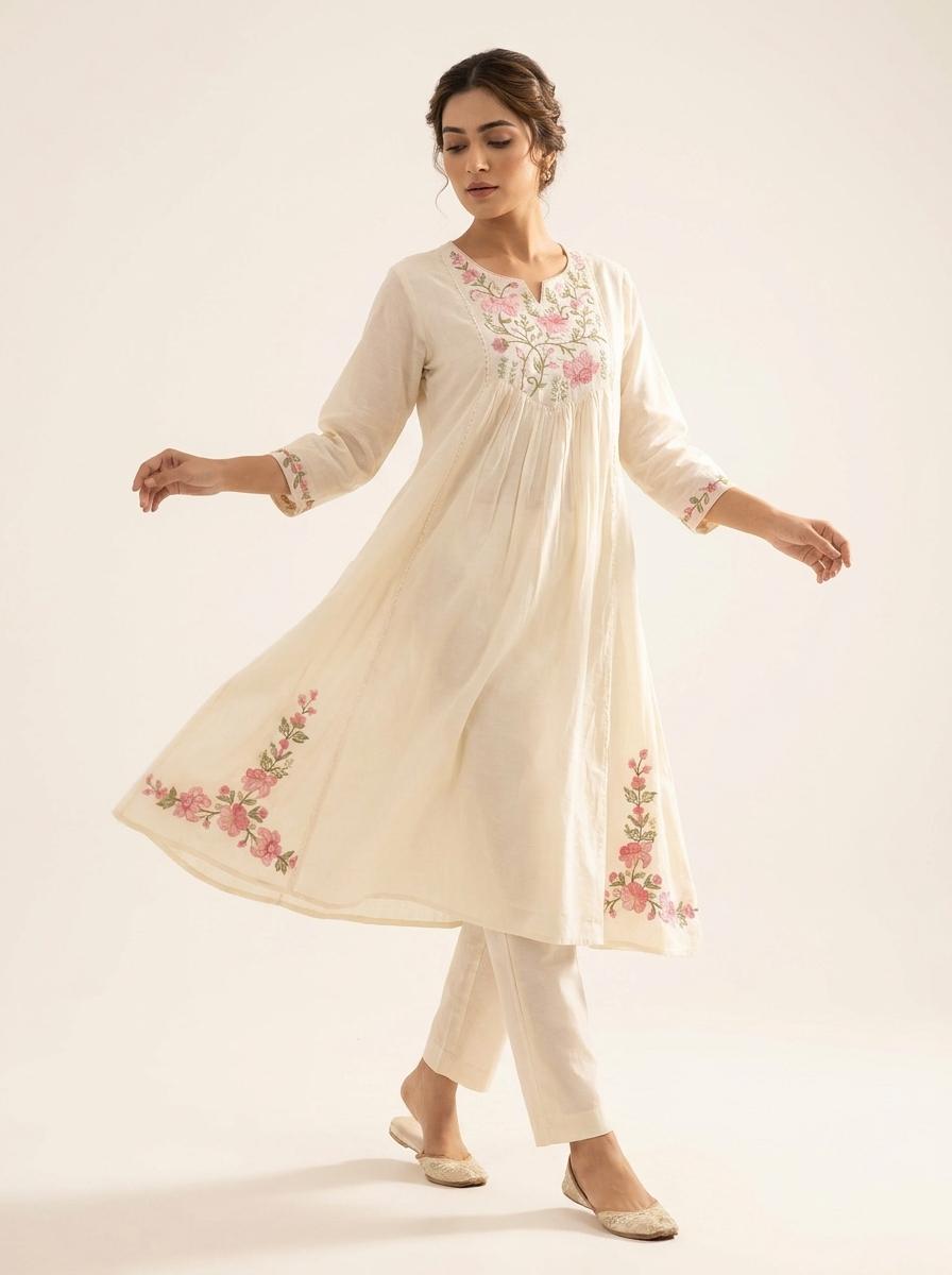 Ivory Floral Embroidered Mul Cotton Kurta Palazzo Set with Dupatta for Women