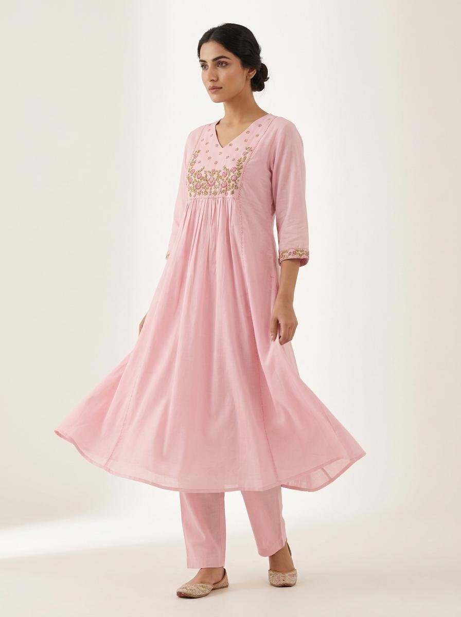 Baby Pink Embroidered Mul Cotton Kurta Pant Set with Dupatta for Women