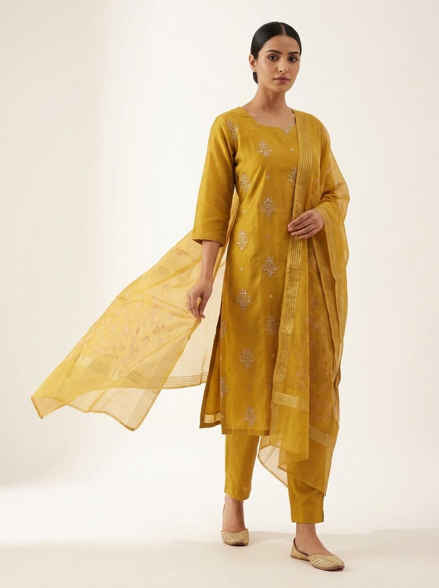 Mustard Yellow Embroidered Kurta Pant Set with Dupatta for Women
