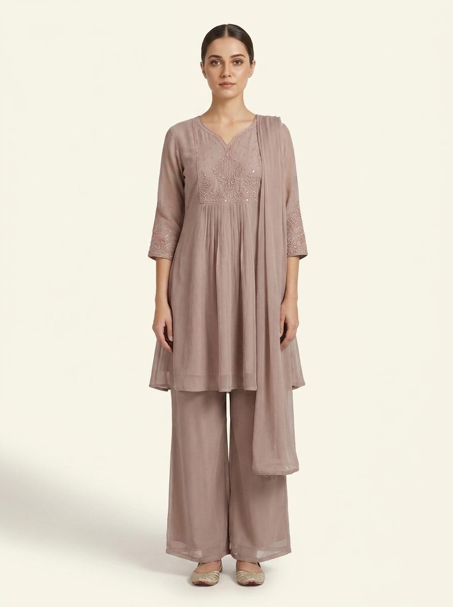 Taupe Embroidered Mul Cotton Kurta Palazzo Set with Dupatta for Women