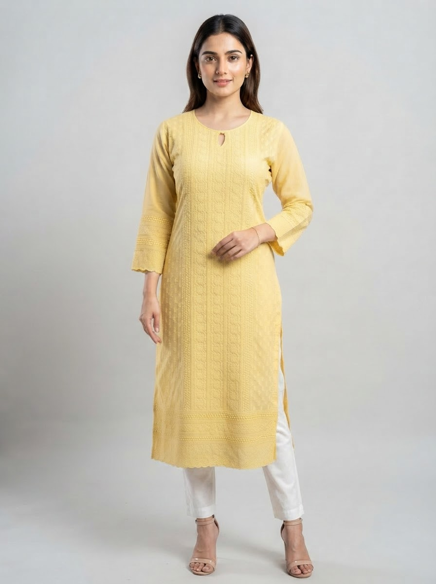 Yellow Pure georgette Chikankari Kurti with Round neck
