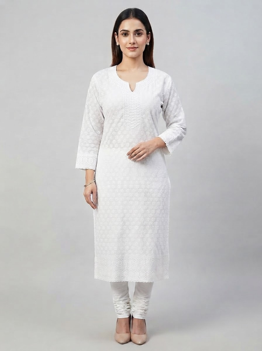White Chikankari round neck Kurti with hand work