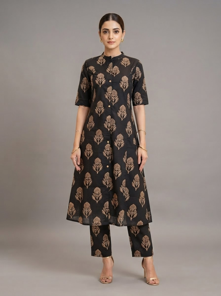 Black Mal Cotton Block Printed Long Co ord Set