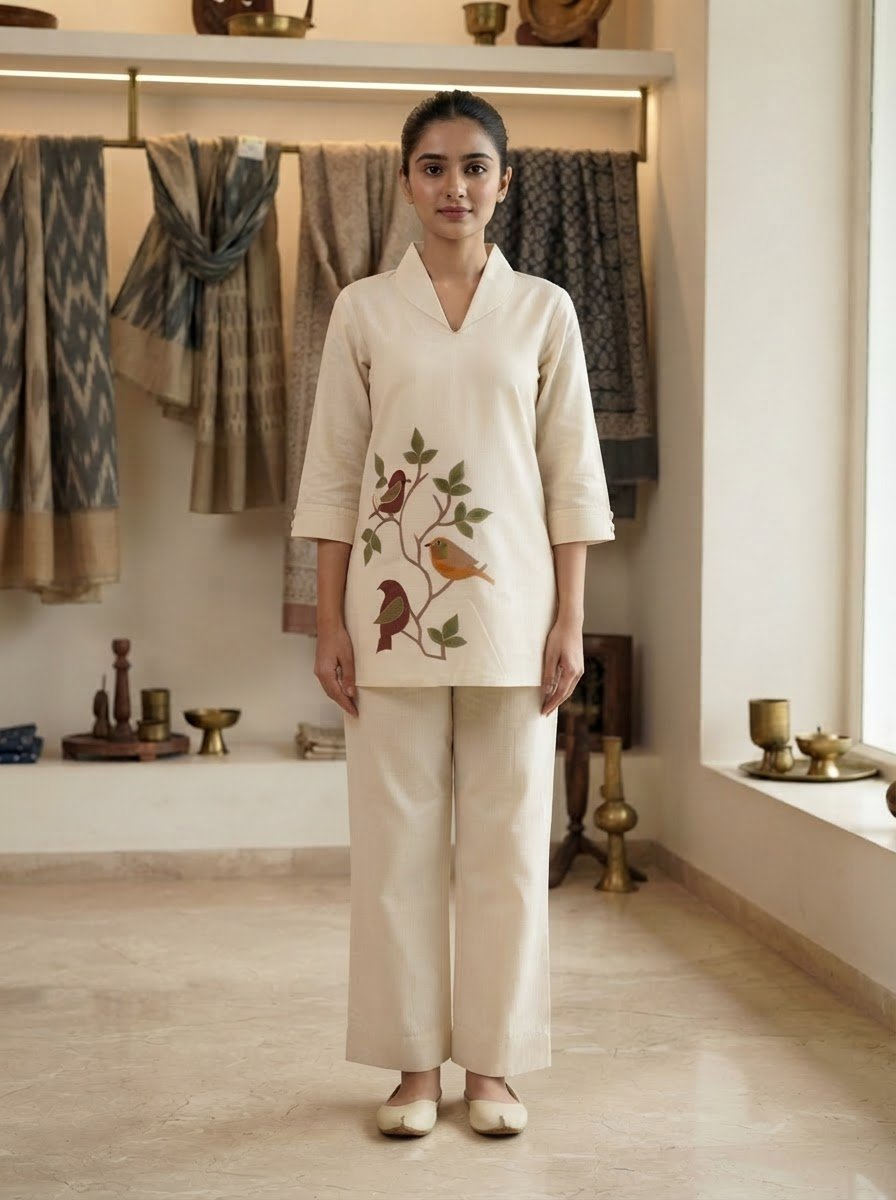 Off White Embroidered Cotton Linen Co-Ord Set for Women