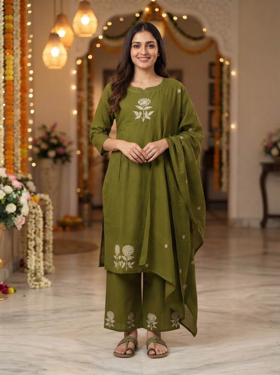 Olive Green Embroidered Mul Cotton A-Line Kurta Pant Set with Dupatta for Women