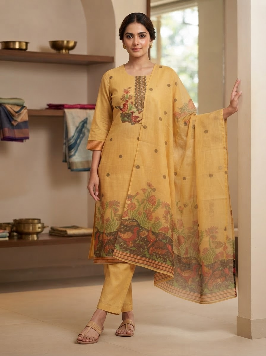 Mustard Self Weave Pure Mal Cotton Printed Suit Set with Dupatta for Women