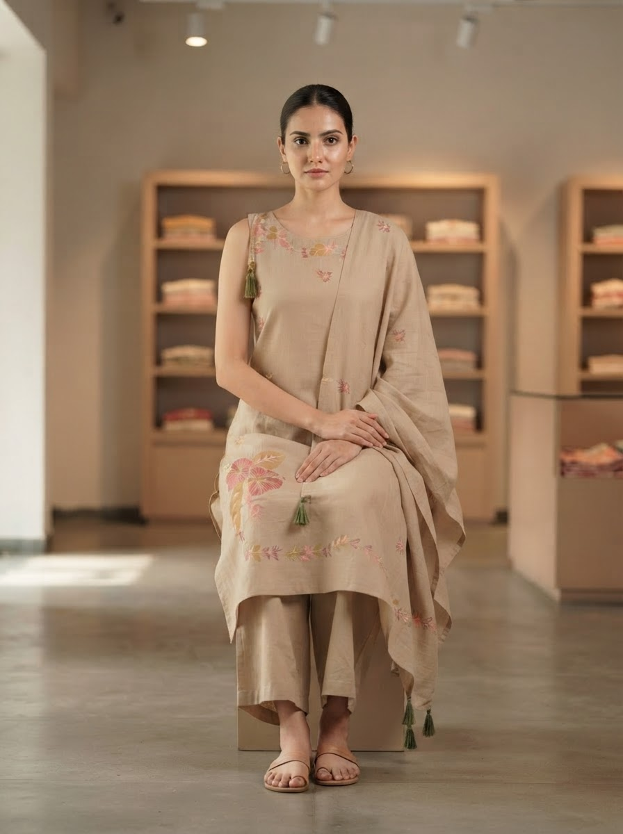 Women's Beige Embroidered Cotton Kurta Palazzo Set with Attached Sleeves & Dupatta