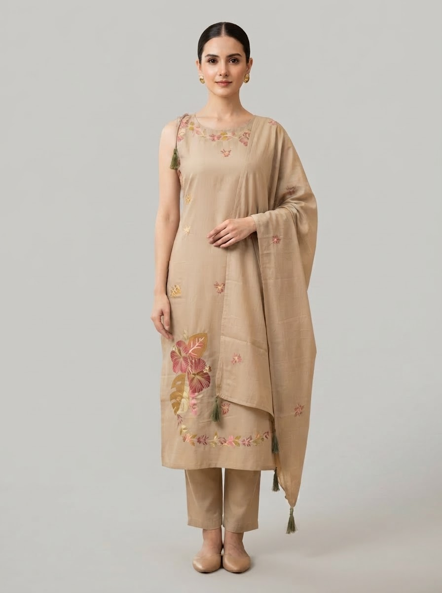 Women's Beige Embroidered Cotton Kurta Palazzo Set with Attached Sleeves & Dupatta
