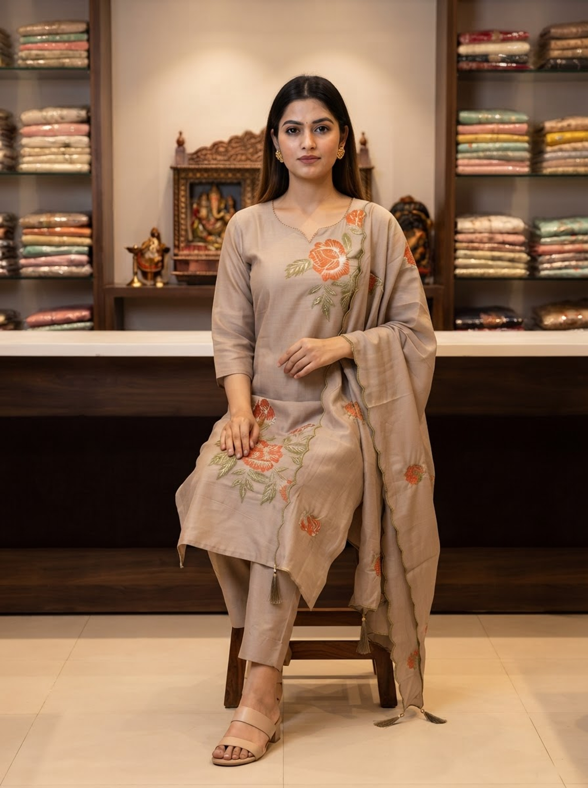 Women's Taupe Embroidered Kurta Pant Set with Kath Work Neck & Cutwork Dupatta
