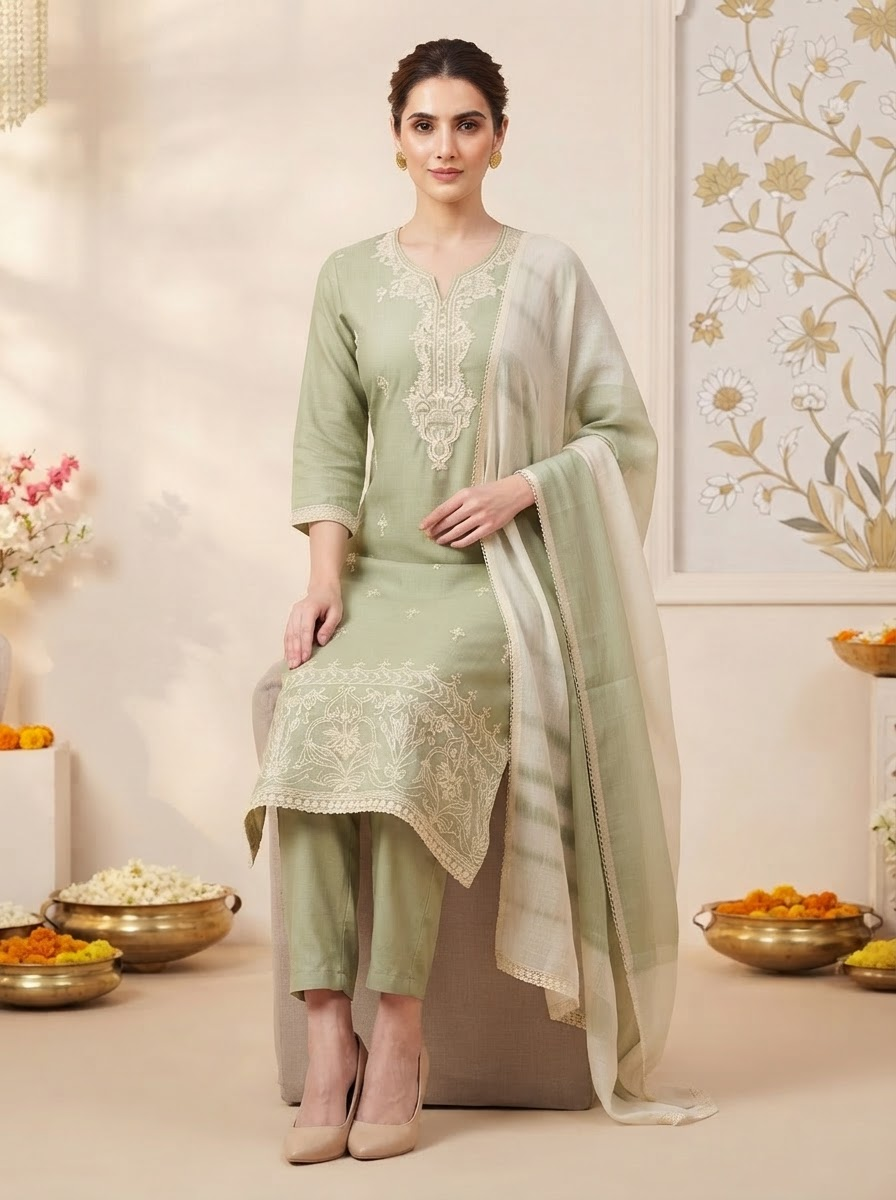 Women's Sage Green Embroidered Work Kurta Pant Set with Synthetic Dupatta