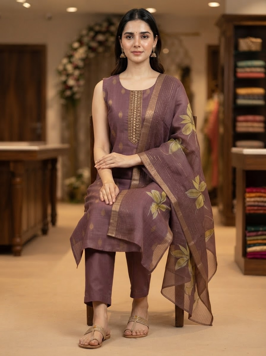 Women's Traditional Jari Work Straight Suit Set with Banarasi Dupatta & Attached Sleeves