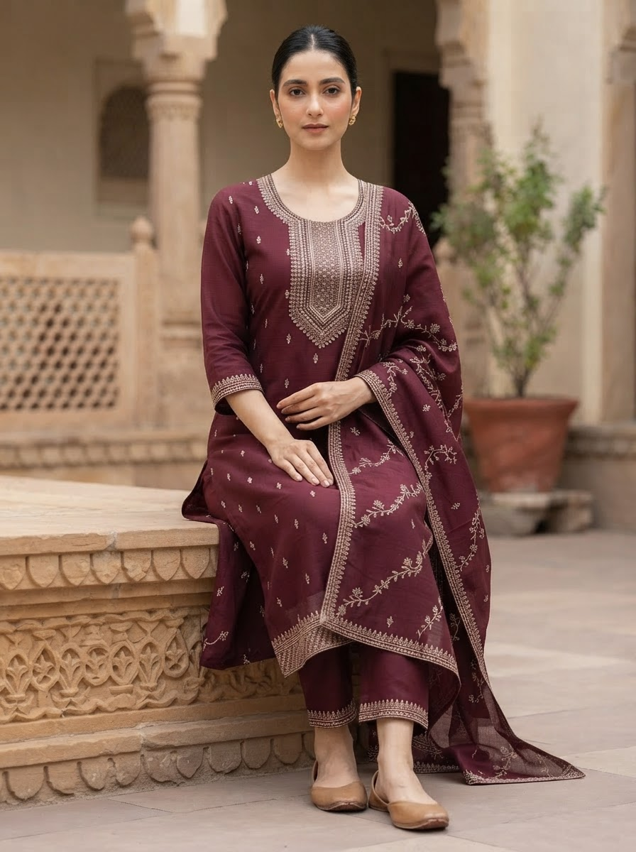 Maroon Embroidered Work Straight Suit Set with Embroidered Dupatta and Straight Pants