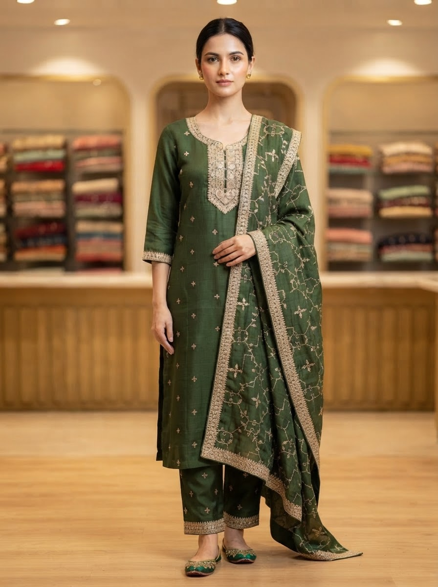 Bottle Green Embroidered Work Straight Suit Set with Embroidered Dupatta and Straight Pants