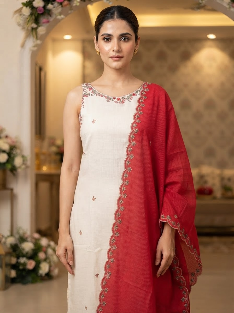 Off White Pure Cotton Embroidered Straight Suit Set with Embroidered Dupatta and Straight Pants
