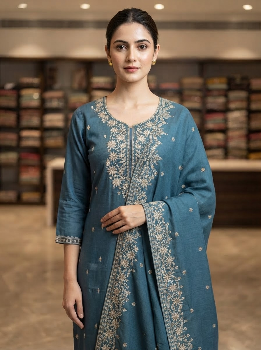 Steel Blue Silk Embroidered Straight Suit Set with Embroidered Dupatta and Straight Pants