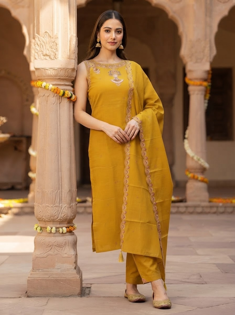 Mustard Pure Cotton Embroidered Straight Suit Set with Embroidered Dupatta and Straight Pants for Women
