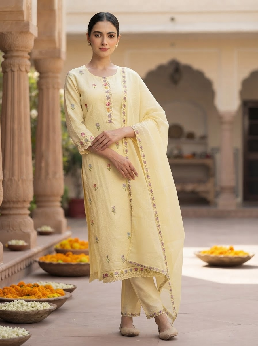Lemon Yellow Floral Embroidered Mal Cotton Straight Suit Set with Cotton Dupatta and Straight Pants
