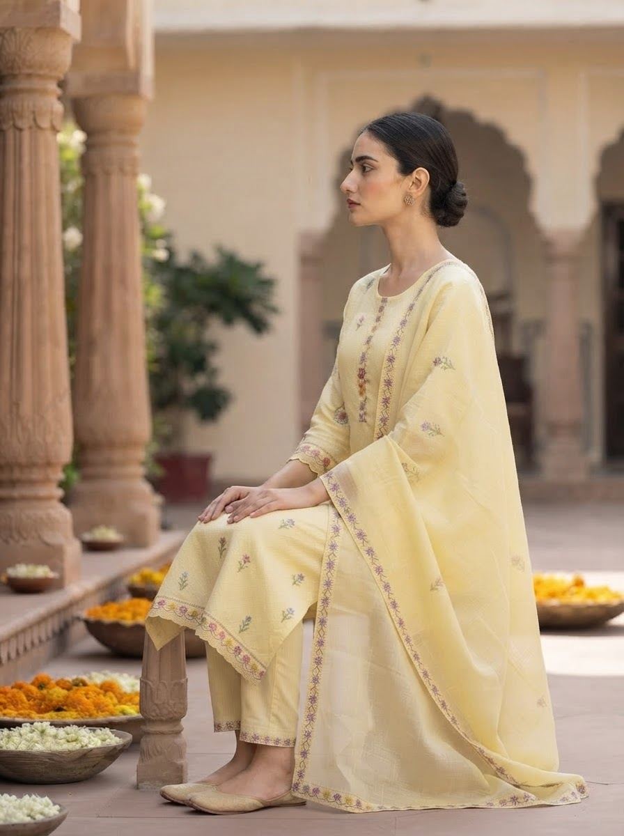Lemon Yellow Floral Embroidered Mal Cotton Straight Suit Set with Cotton Dupatta and Straight Pants