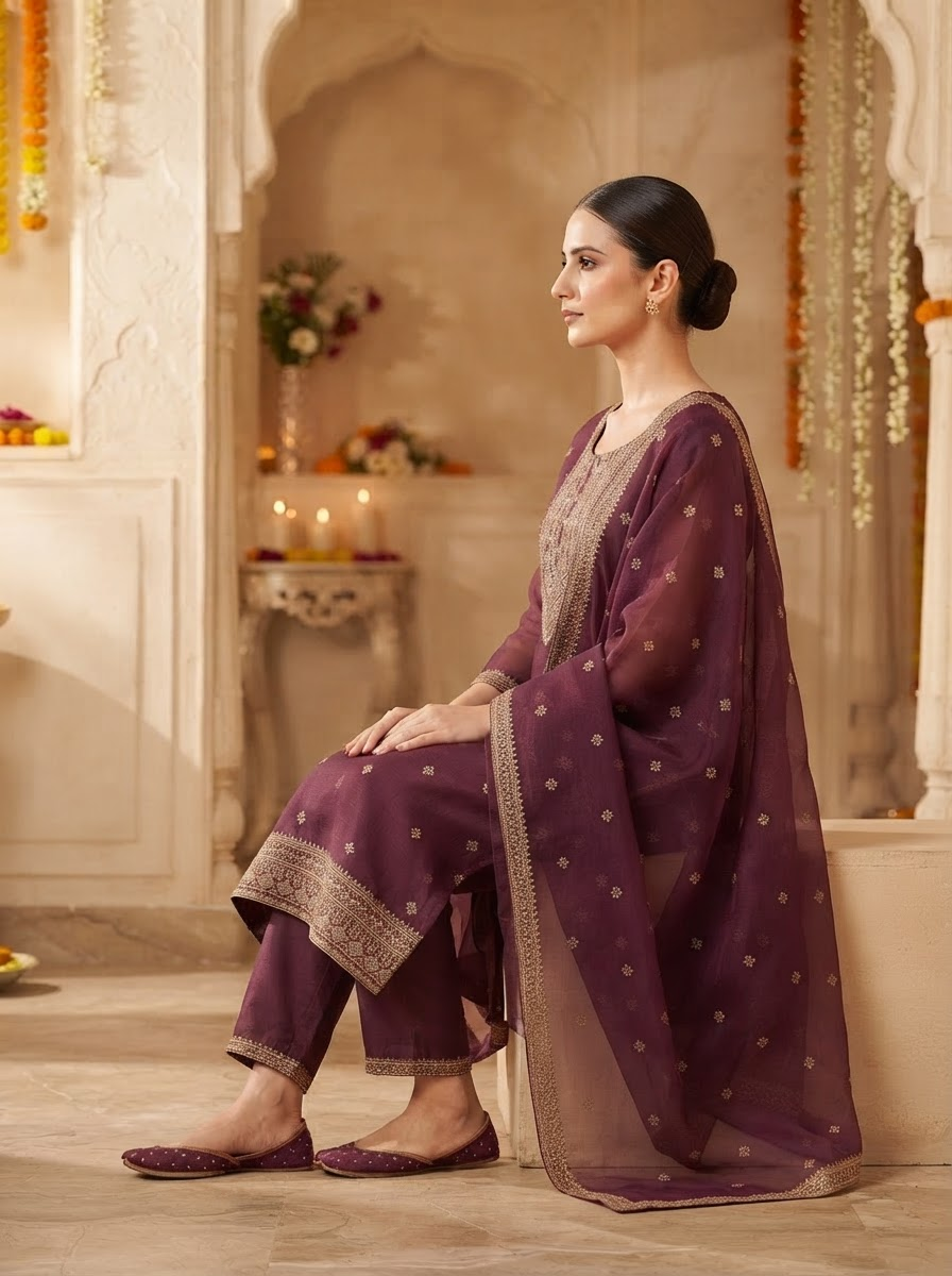 Maroon Mauve Thread Embroidered Silk Straight Suit Set with Dupatta and Straight Pants