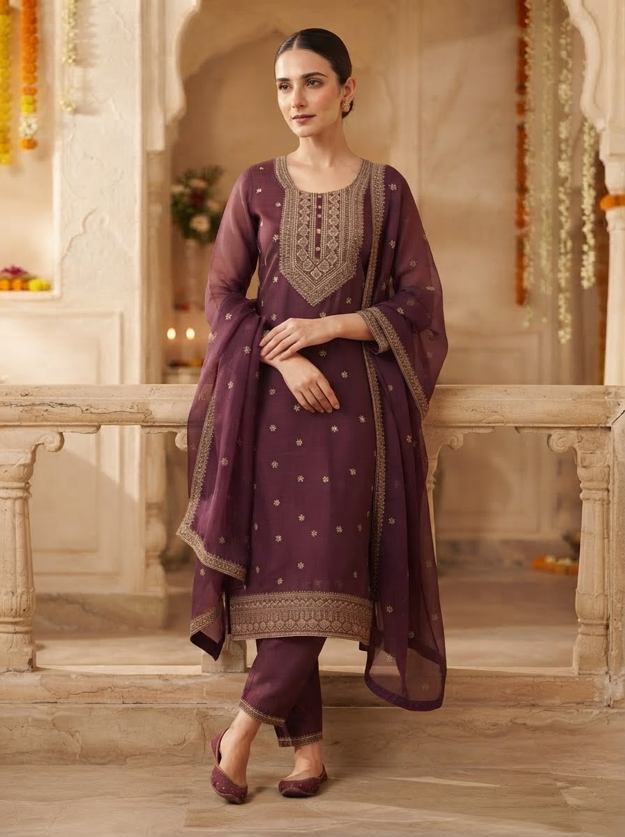 Maroon Mauve Thread Embroidered Silk Straight Suit Set with Dupatta and Straight Pants
