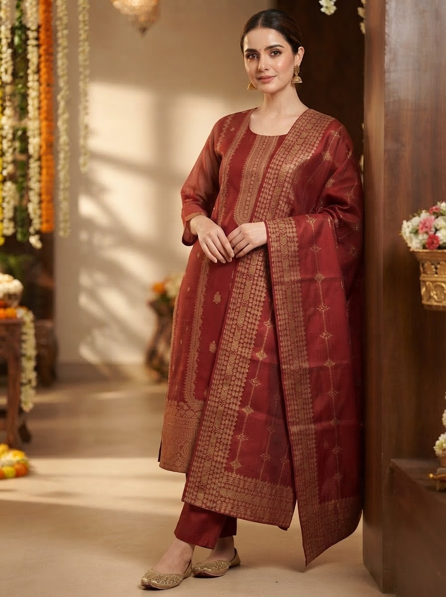 Maroon Chanderi Silk Embroidered Straight Cut Suit Set with Woven Dupatta and Pants