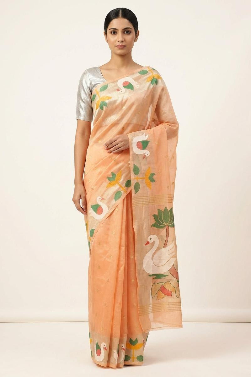 Peach bamboo Silk Saree with Rajhans Border