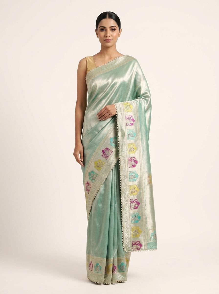Pista Tissue Banarasi Silk Saree with Swarovski work and unstitched blouse