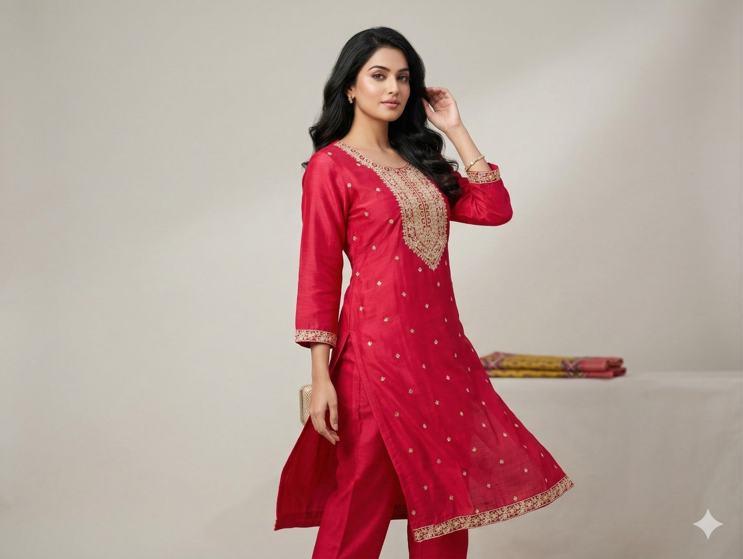 Red dress with contrast dupatta