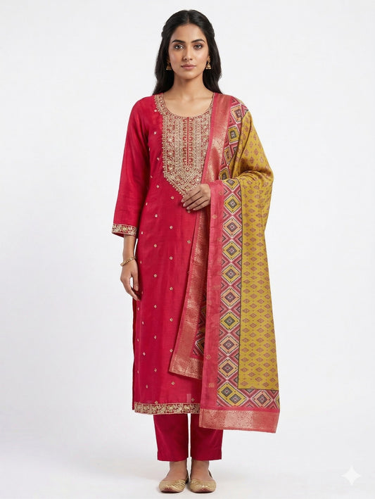 Red dress with contrast dupatta