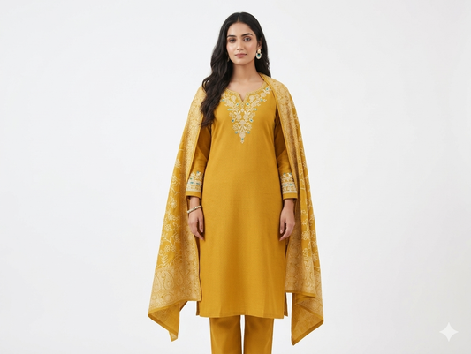 Yellow dress with printed dupatta