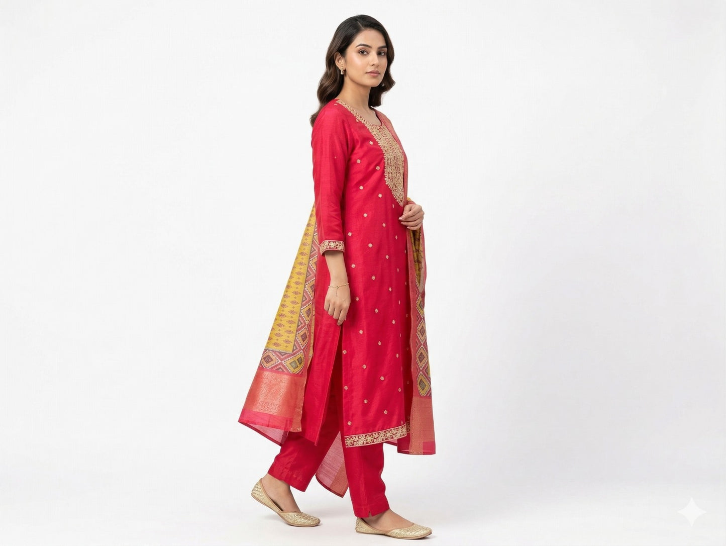 Red dress with contrast dupatta