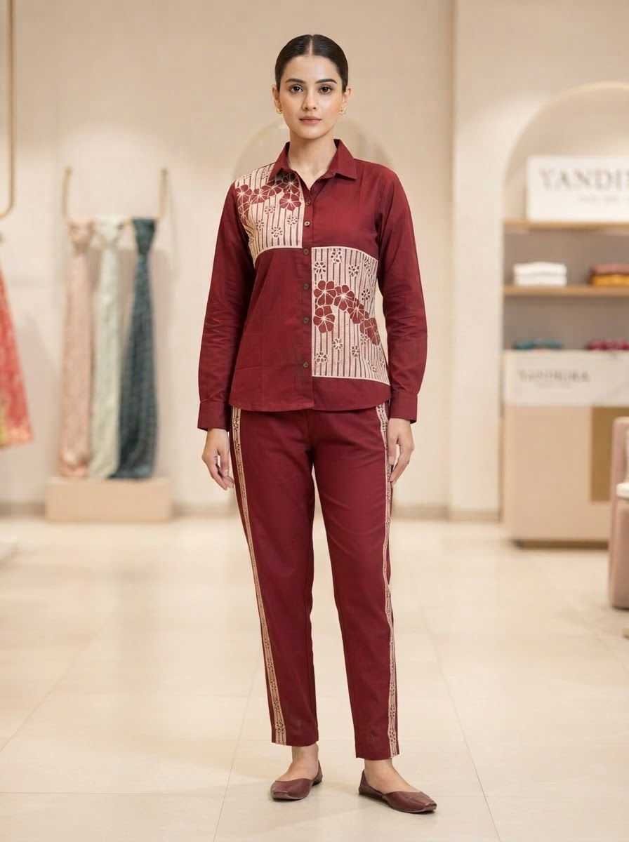 Wine Floral Embroidered Shirt Collar Co-Ord Set for Women