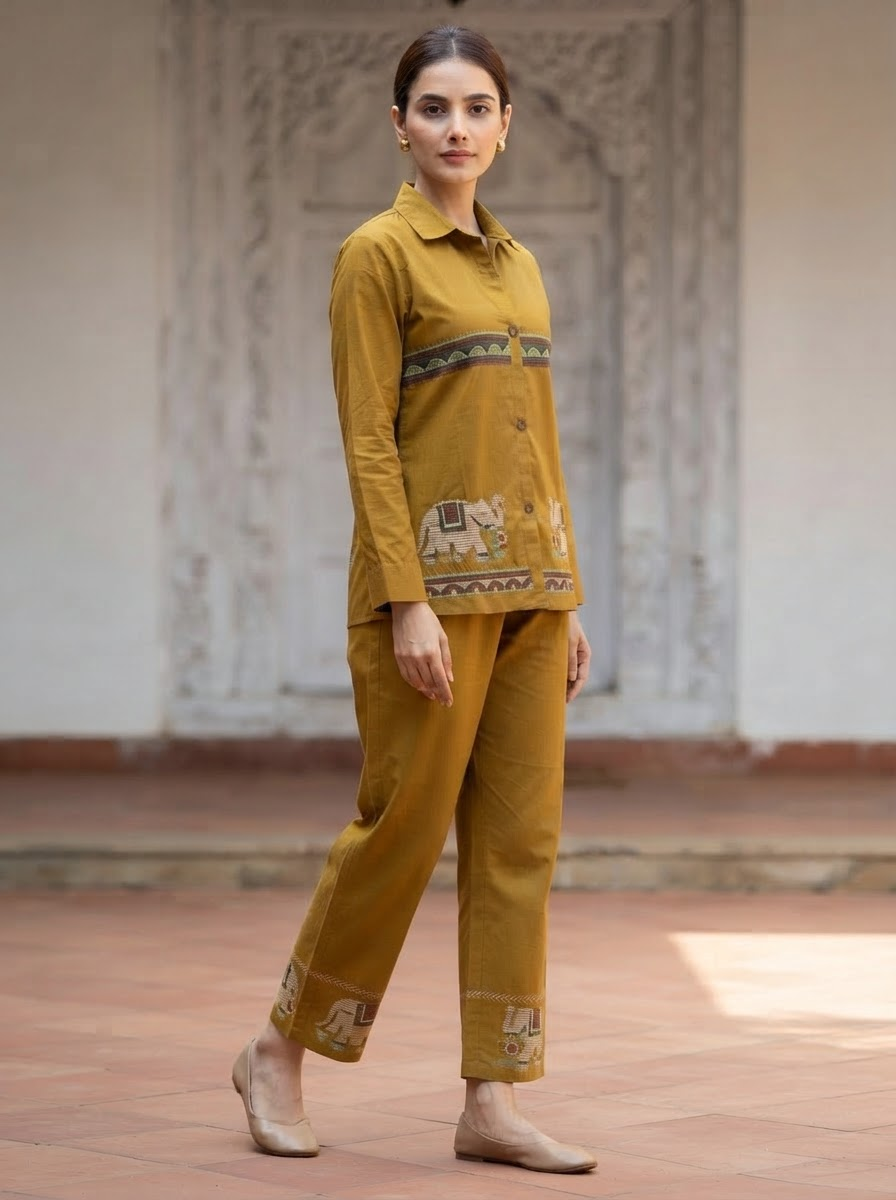 Mustard Kashmiri Embroidered Shirt Collar Co-Ord Set for Women