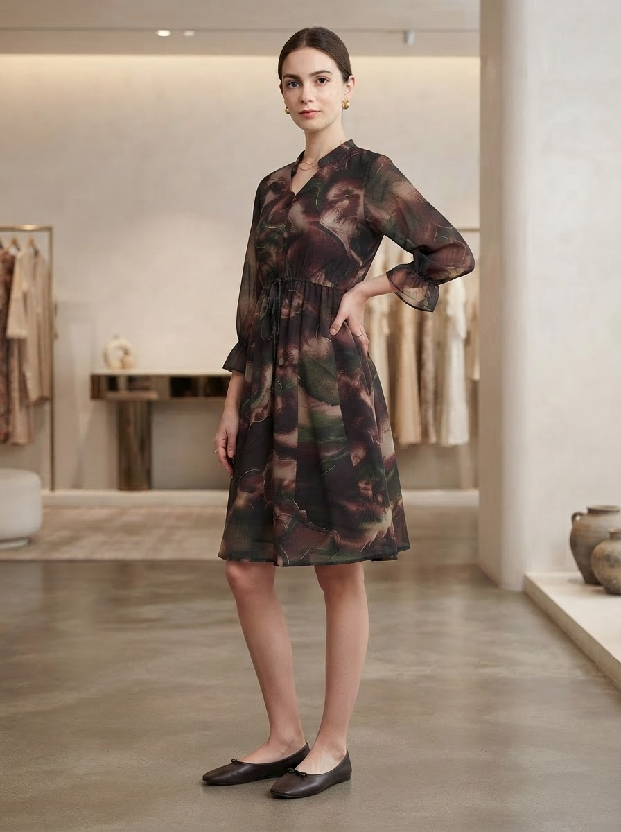 Brown Floral Printed Chiffon Fit & Flare Dress for Women
