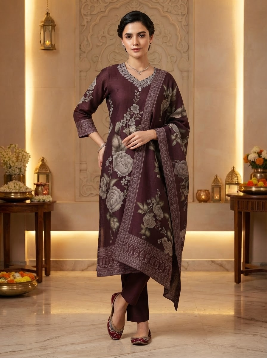 Wine Floral Printed Pure Muslin Suit Set with Dupatta for Women