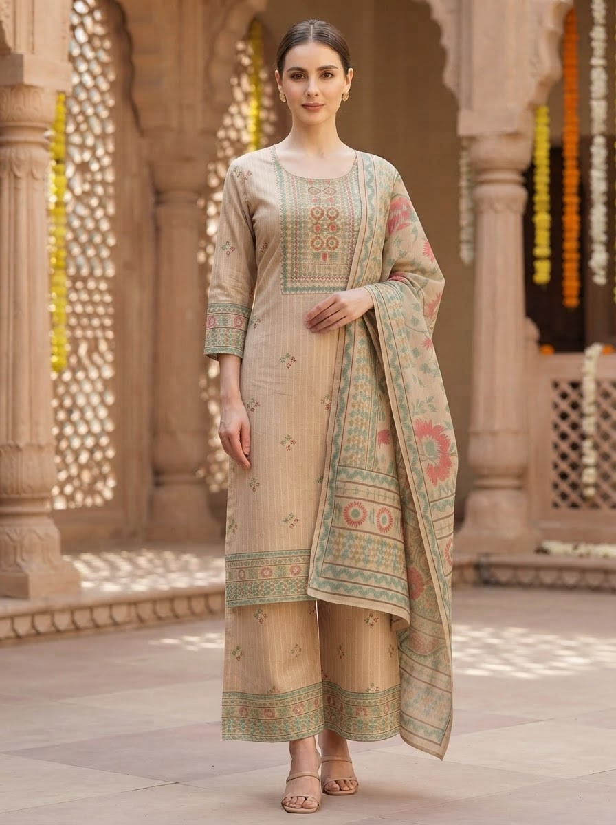 Beige Linen Straight Kurta with Printed Palazzo & Dupatta Set for women