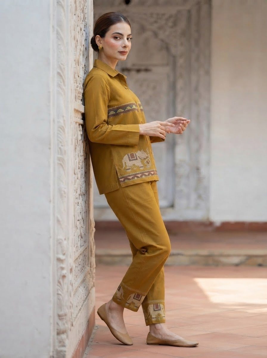 Mustard Kashmiri Embroidered Shirt Collar Co-Ord Set for Women