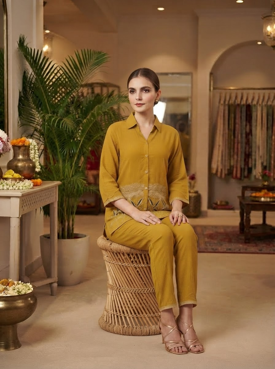Mustard Embroidered Crush Chiffon Shirt Collar Co-Ord Set for Women